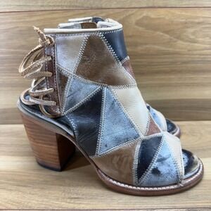 Freebird Bay Patchwork Booties 8 Boho Beige Black Tan Laced Heels Zip Peep Toe